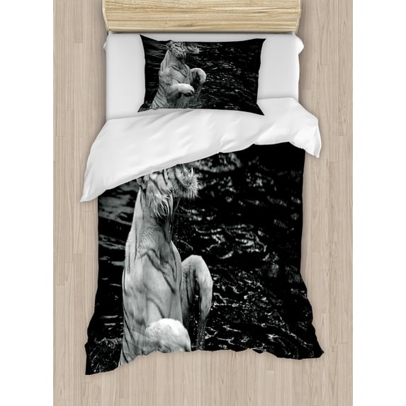 Ambesonne Black White Duvet Cover Set, Exotic White Tiger, Twin, Charcoal Grey Pale Grey
