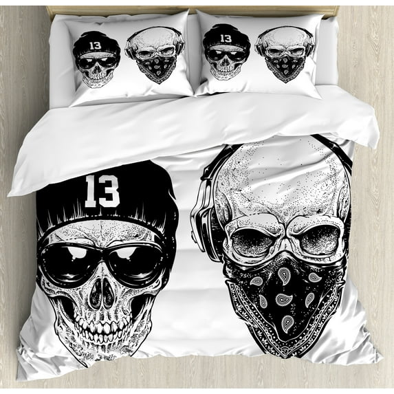 Ambesonne Black White Duvet Cover Set, Funny Skull Band, King, Black White