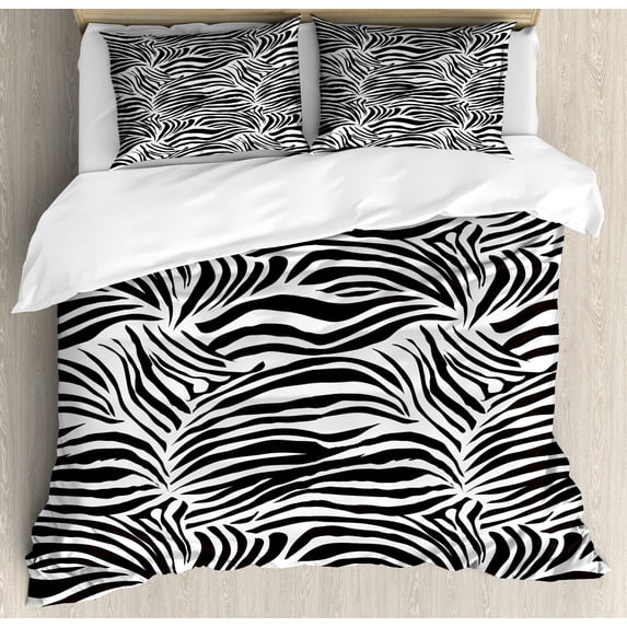 Ambesonne Black White Duvet Cover Set, Wild Zebra Lines, Queen, Black White