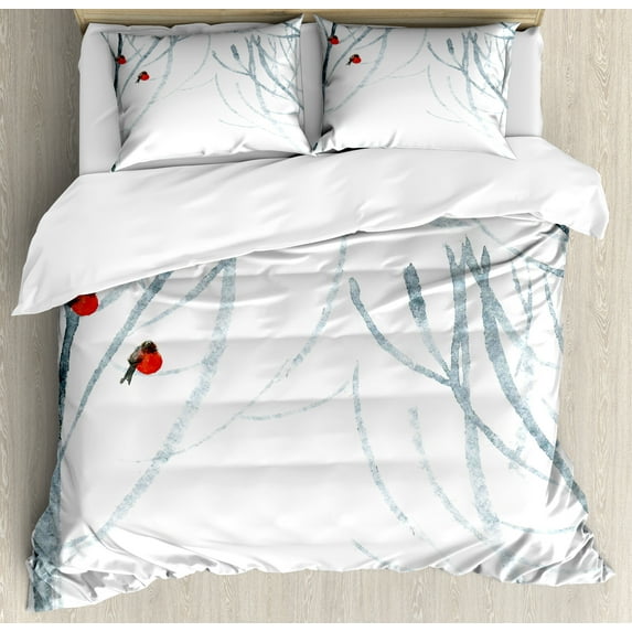 Ambesonne Black White Duvet Cover Set, Woods Bullfinches, 2-Calking, Pale Grey White