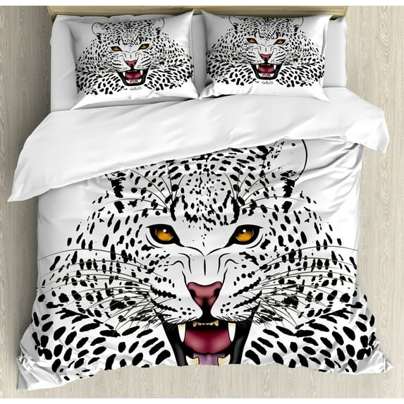 Ambesonne Black White Duvet Cover Sets, Angry Wild Leopard, 2-Queen, Amber White and Black
