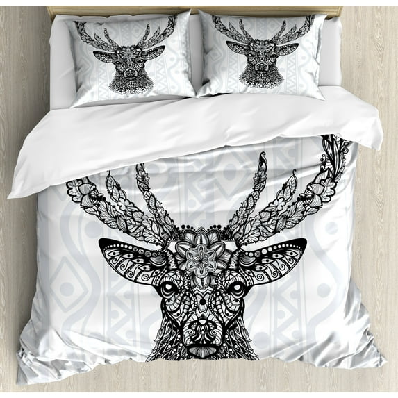 Ambesonne Black White Duvet Cover Sets, Bohem Deer, 2-King, Black White