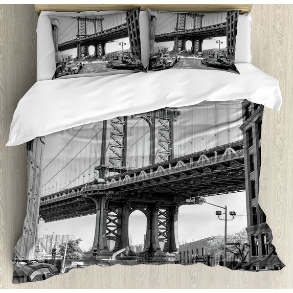 Ambesonne Black White Duvet Cover Sets, Brooklyn New York, 2-King, Charcoal Grey White