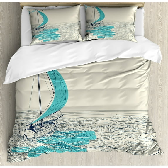 Ambesonne Black White Duvet Cover Sets, Cloudy Sailing Boat, 2-Queen, Aqua Beige