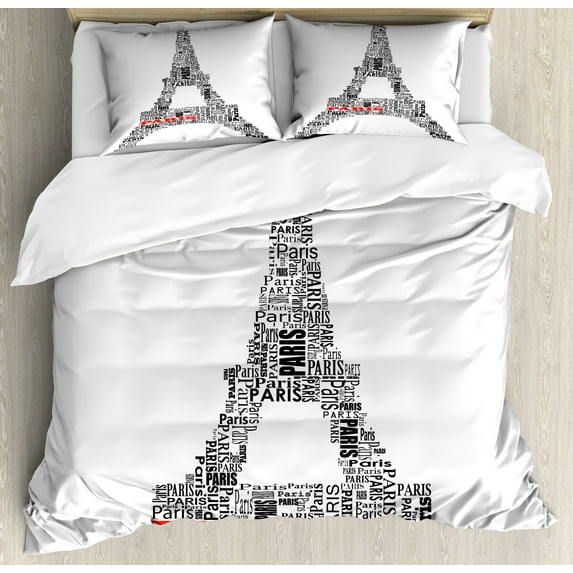 Ambesonne Black White Duvet Cover Sets, Paris France Tour, 2-Queen, Black White