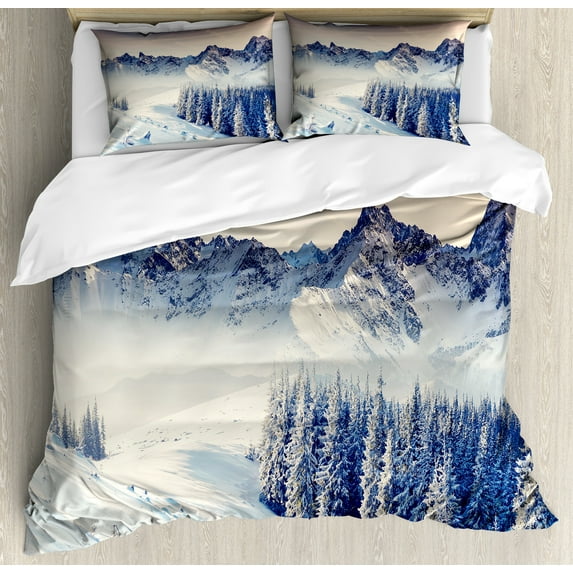 Ambesonne Black White Duvet Cover Sets, Snowy Winter View, 2-Queen, Blue Grey White