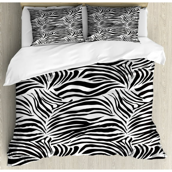 Ambesonne Black White Duvet Cover Sets, Wild Zebra Lines, 2-Queen, Black White
