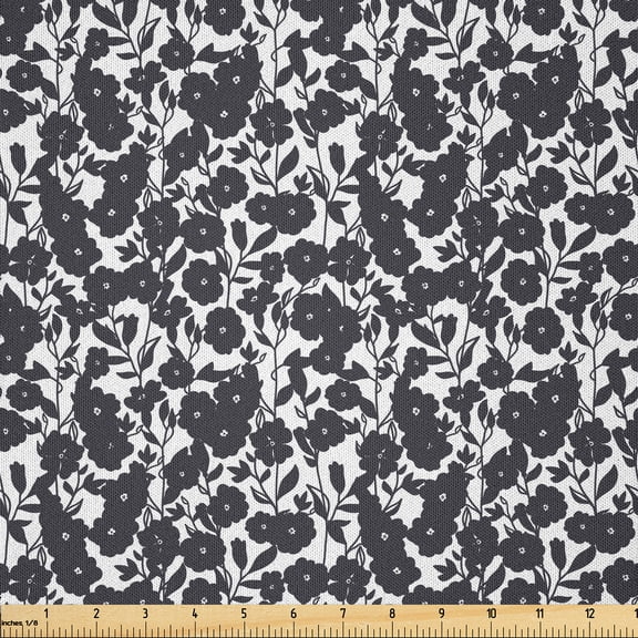 Ambesonne Black White Fabric by the Yard Microfiber, Gardening Flowers, 1 Yard, Dark Navy Blue White