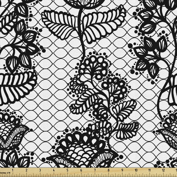 Ambesonne Black White Fabric by the Yard Upholstery, Lace Style Floral, 1 Yard, Black White