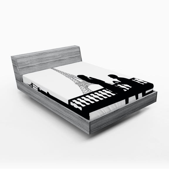 Ambesonne Black White Fitted Sheet 2 Pcs Set, Paris City Lovers, California King, Black and White