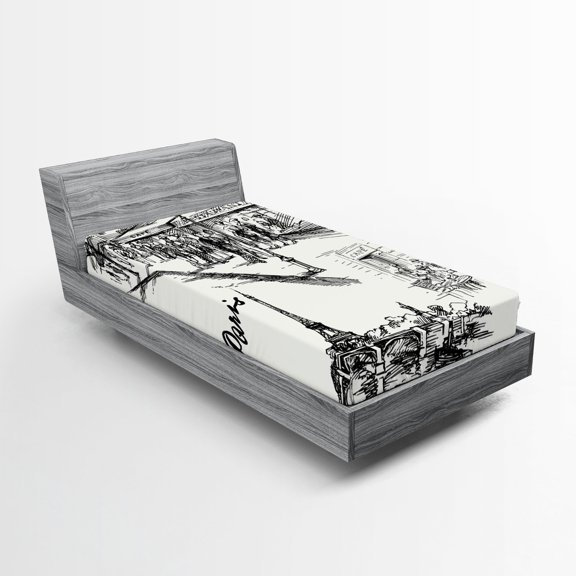 Ambesonne Black White Fitted Sheet 2 Pcs Set, Retro Sketchy Paris, Twin, White Black