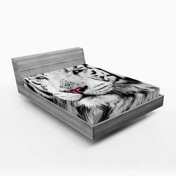 Ambesonne Black White Fitted Sheet 2 Pcs Set, Winter White Tiger, Full, White Black and Grey