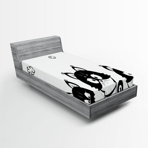 Ambesonne Black White Fitted Sheet, 3 Kittens, Twin Size, Black and White