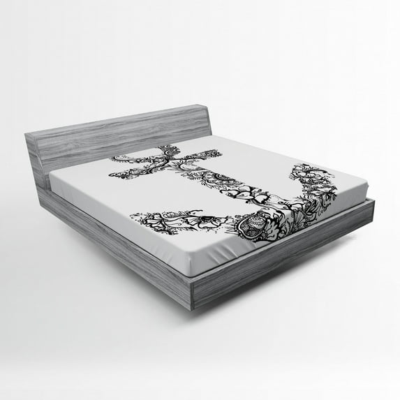 Ambesonne Black White Fitted Sheet, Anchor Shape Flower, Queen Size, Black White