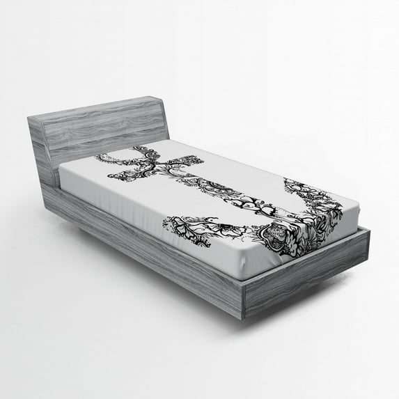 Ambesonne Black White Fitted Sheet, Anchor Shape Flower, Twin XL Size, Black White