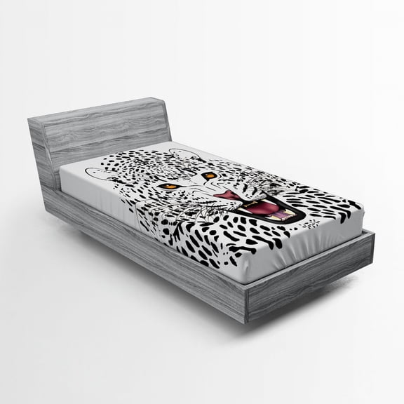 Ambesonne Black White Fitted Sheet, Angry Wild Leopard, Twin Size, Amber White and Black