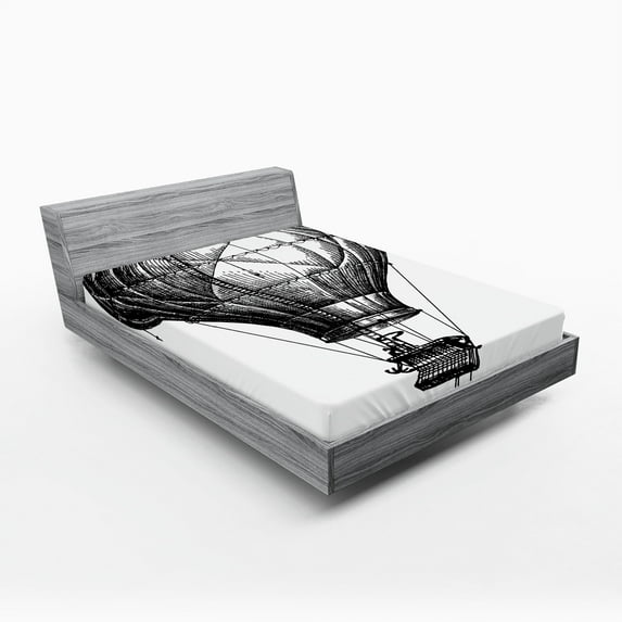 Ambesonne Black White Fitted Sheet, Balloon in the Sky, Full Size, Black White