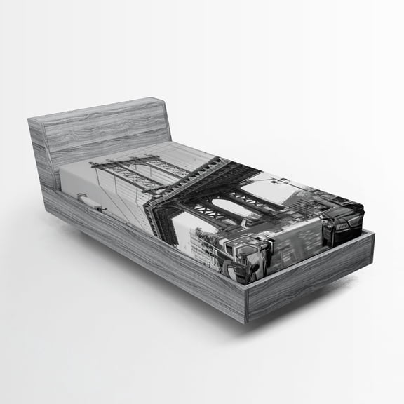 Ambesonne Black White Fitted Sheet, Brooklyn New York, Twin XL Size, Charcoal Grey White