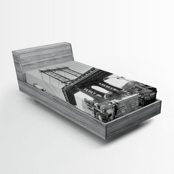 Ambesonne Black White Fitted Sheet, Brooklyn New York, Twin XL Size, Charcoal Grey White