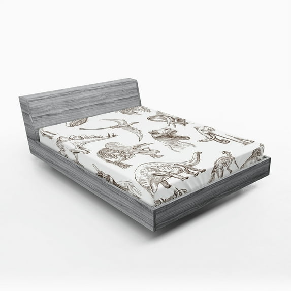 Ambesonne Black White Fitted Sheet, Dinosaurs Skeleton, California King, Dark Brown White