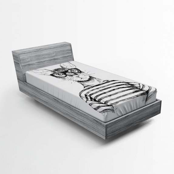 Ambesonne Black White Fitted Sheet, Hipster New Age Cat, Twin Size, Black White