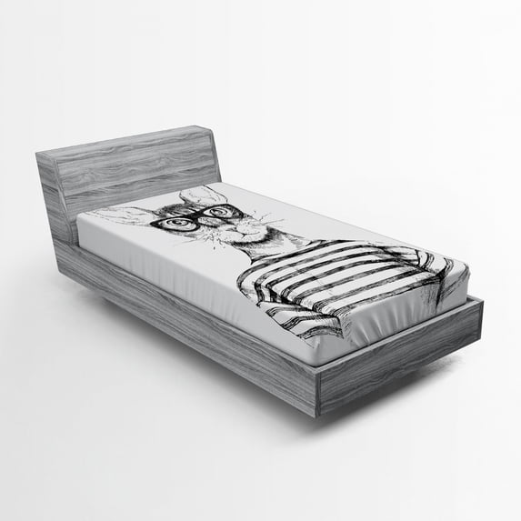 Ambesonne Black White Fitted Sheet, Hipster New Age Cat, Twin XL Size, Black White