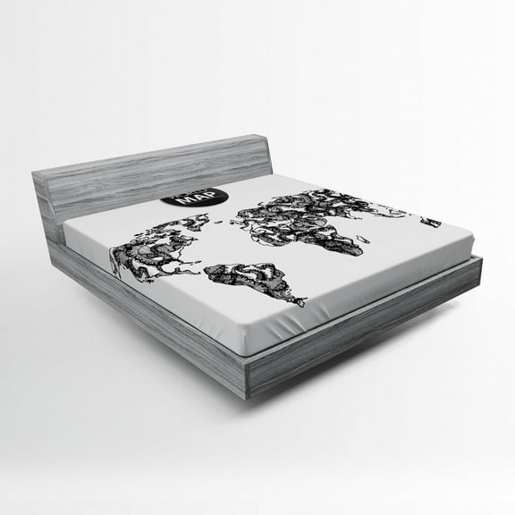 Ambesonne Black White Fitted Sheet, Octopus World Map, Queen Size, Black White