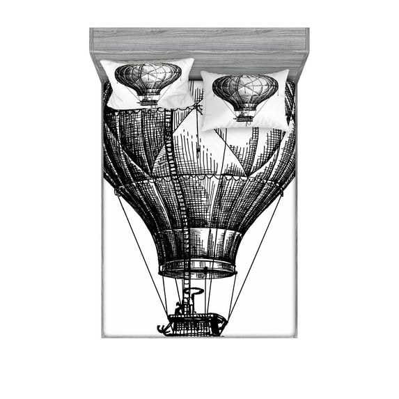 Ambesonne Black White Fitted Sheet & Pillow Sham Set, Balloon in the Sky, Full, Black White