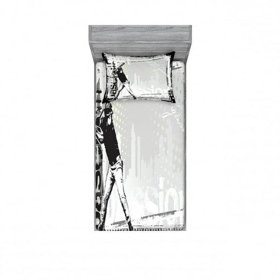 Ambesonne Black White Fitted Sheet & Pillow Sham Set, Baseball Sketch Art, Twinxl, Black White