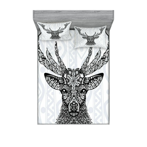 Ambesonne Black White Fitted Sheet & Pillow Sham Set, Bohem Deer, Full, Black White