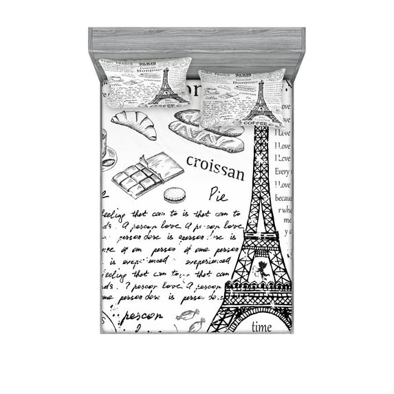 Ambesonne Black White Fitted Sheet & Pillow Sham Set, Bonjour Croissan Coffee, Full, Black White