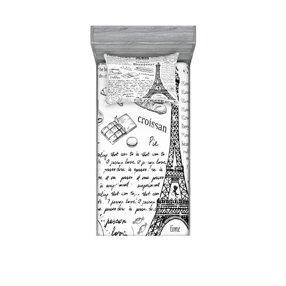 Ambesonne Black White Fitted Sheet & Pillow Sham Set, Bonjour Croissan Coffee, Twin, Black White