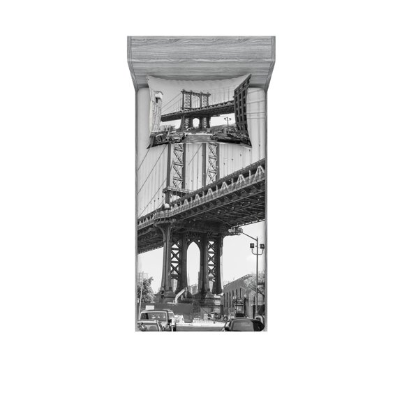 Ambesonne Black White Fitted Sheet & Pillow Sham Set, Brooklyn New York, Twin, Charcoal Grey White