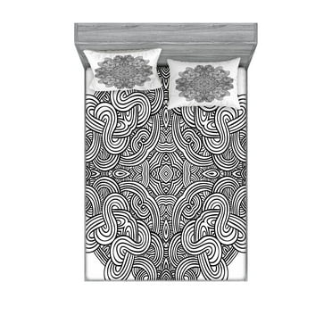 Ambesonne Black White Fitted Sheet & Pillow Sham Set, Circular Celtic Knot, Full, Black White