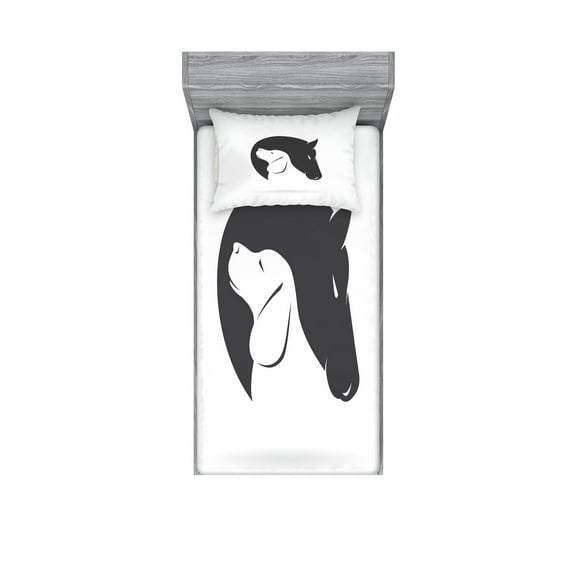 Ambesonne Black White Fitted Sheet & Pillow Sham Set, Dog Horse Friend, Twinxl, Black White