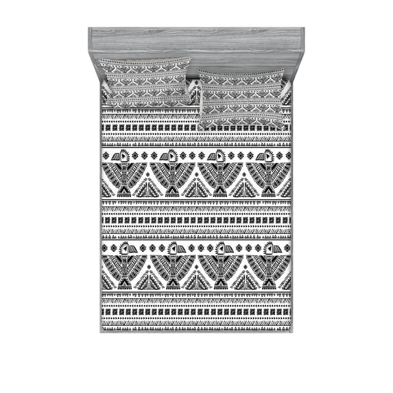 Ambesonne Black White Fitted Sheet & Pillow Sham Set, Eagle Prehistoric Art, Full, Black White