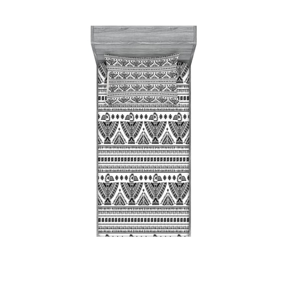 Ambesonne Black White Fitted Sheet & Pillow Sham Set, Eagle Prehistoric Art, Twinxl, Black White