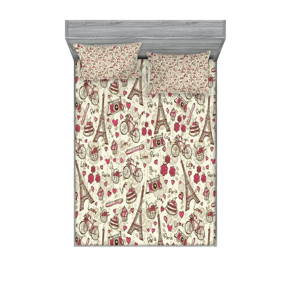 Ambesonne Black White Fitted Sheet & Pillow Sham Set, Europe French Paris, Full, Magenta Cream