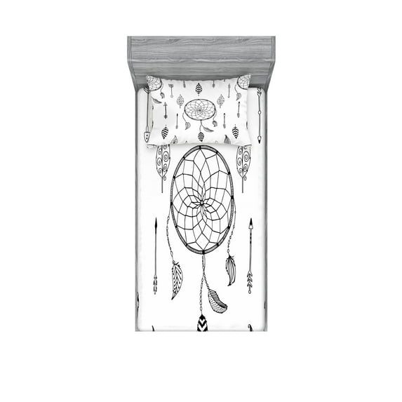 Ambesonne Black White Fitted Sheet & Pillow Sham Set, Folk Feathers Arrow, Twin, Black White