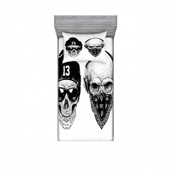 Ambesonne Black White Fitted Sheet & Pillow Sham Set, Funny Skull Band, Twinxl, Black White