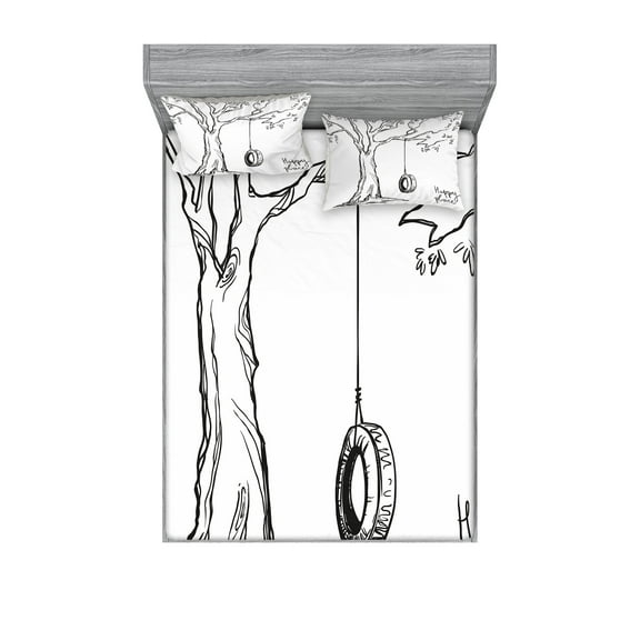 Ambesonne Black White Fitted Sheet & Pillow Sham Set, Happy Place Words, Queen, Black White