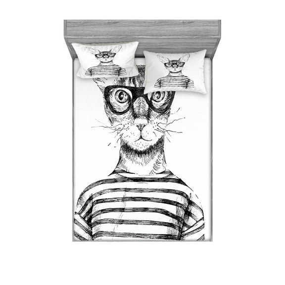 Ambesonne Black White Fitted Sheet & Pillow Sham Set, Hipster New Age Cat, Queen, Black White