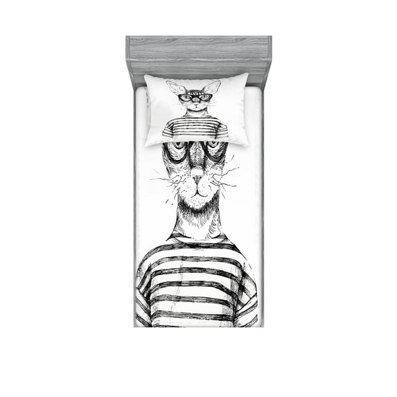 Ambesonne Black White Fitted Sheet & Pillow Sham Set, Hipster New Age Cat, Twinxl, Black White
