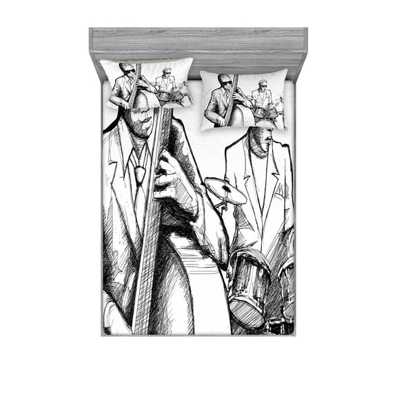 Ambesonne Black White Fitted Sheet & Pillow Sham Set, Jazz Band Musicians, Queen, Black White
