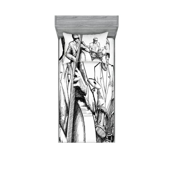 Ambesonne Black White Fitted Sheet & Pillow Sham Set, Jazz Band Musicians, Twinxl, Black White