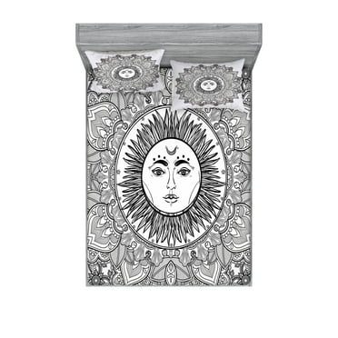 Ambesonne Black White Fitted Sheet & Pillow Sham Set, Mandala Boho Floral, Queen, White and Black