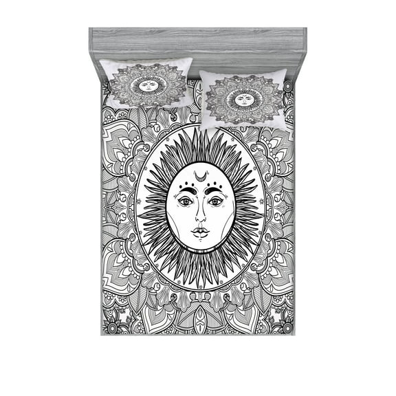 Ambesonne Black White Fitted Sheet & Pillow Sham Set, Mandala Boho Floral, Queen, White and Black