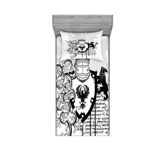 Ambesonne Black White Fitted Sheet & Pillow Sham Set, Medieval Knight, Twin, Black White