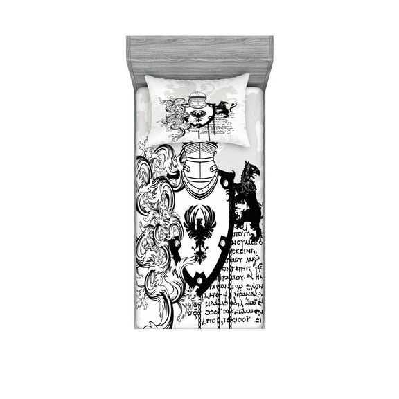 Ambesonne Black White Fitted Sheet & Pillow Sham Set, Medieval Knight, Twinxl, Black White