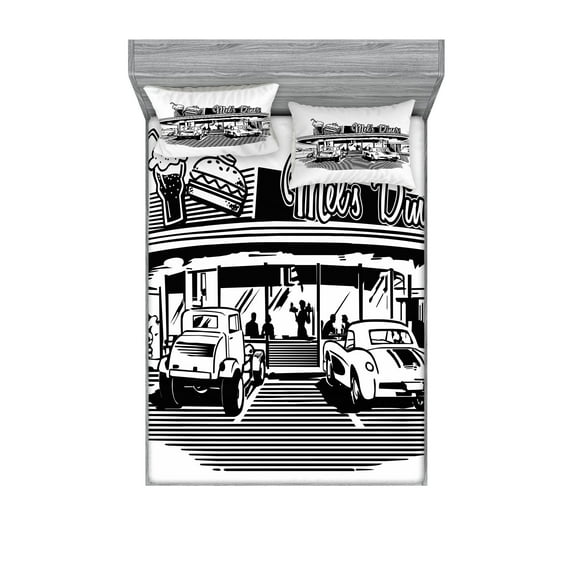 Ambesonne Black White Fitted Sheet & Pillow Sham Set, Nostalgic Retro Car, Queen, Black White